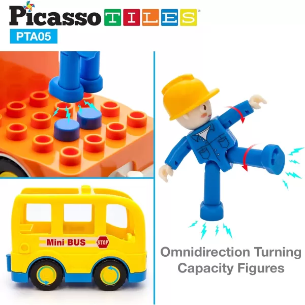 imagePicassoTiles Magnetic Figures 5 Piece Vehicle and Action Figure Set Including School Bus Car Truck and 2 Drivers Magnet Expansion Pack Toddler Toy Kit Pretend Playset for Construction Building BlockVehicle