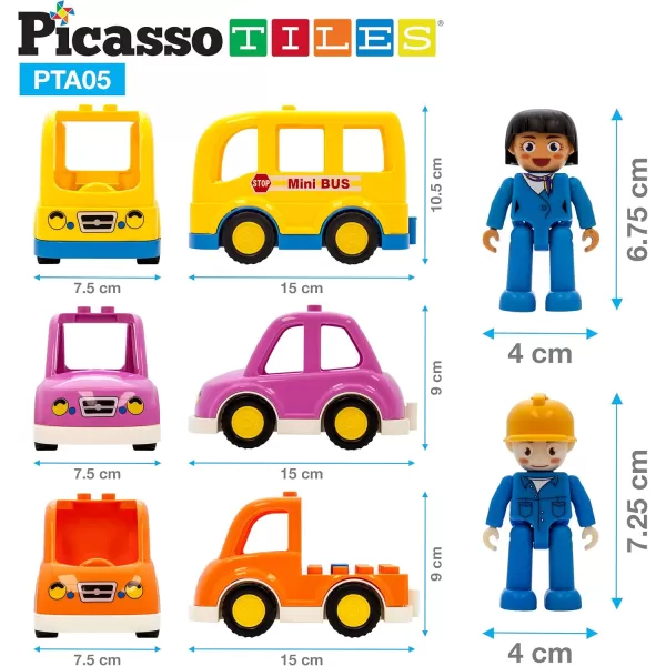 imagePicassoTiles Magnetic Figures 5 Piece Vehicle and Action Figure Set Including School Bus Car Truck and 2 Drivers Magnet Expansion Pack Toddler Toy Kit Pretend Playset for Construction Building BlockVehicle