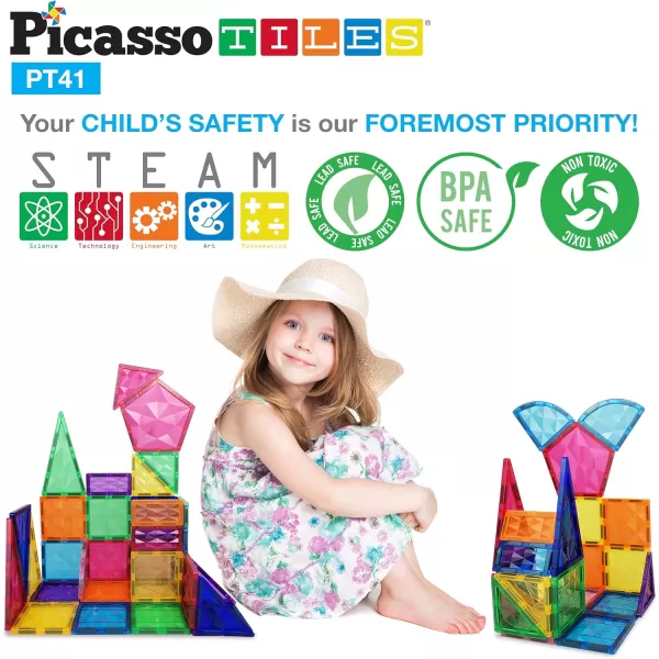 imagePicassoTiles Magnetic Tiles Building Block Construction Toy Set Prism Magnet Tile Blocks STEM STEAM Learning Kit Early Education Builder Playset Toys for Children Toddler Boy Girl Age 3 PT41