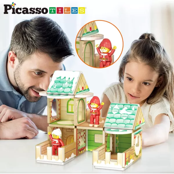 imagePicassoTiles Magnetic Tiles Christmas Cottage Holiday with 6 Character Action Figures Santa Mrs Clause Elves Nutcracker Theme Construction Set Magnet Building Blocks STEM Learning Gifts Toys PTQ08