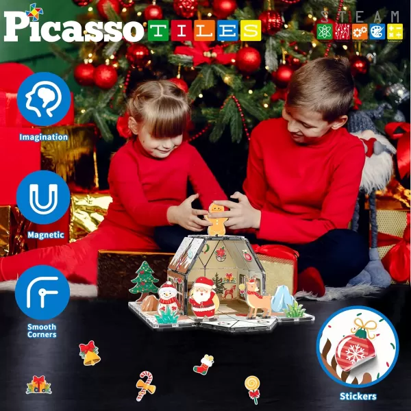 imagePicassoTiles Magnetic Tiles Christmas Gingerbread House Character Action Figure Santa Snowman Gingerbread Man Theme Construction Kit Magnet Building Blocks STEM Learning Gifts Toys PTQ09