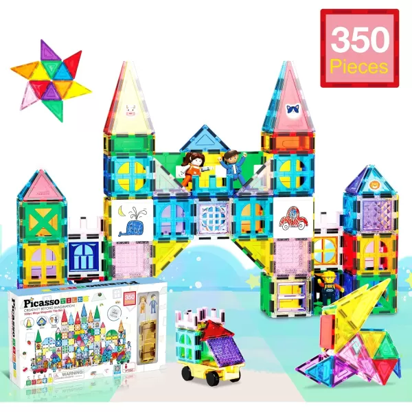 imagePicassoTiles Mega Magnetic Building Block 350 Piece Set Magnet Tile Construction Blocks with Car Base Character Figures Markers Whiteboard 110 Page Ideabook Included for Ages 3 Up STEM Learning