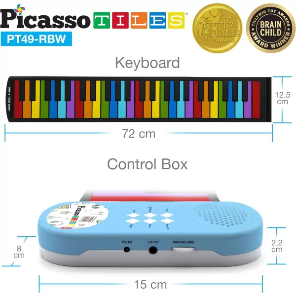 imagePicassoTiles PT49 Kids 49Key Flexible RollUp Educational Electronic Digital Music Piano Keyboard wRecording Feature 8 Different Tones 6 Educational Demo Songs ampamp Buildin Speaker  Rainbow49KeyColor