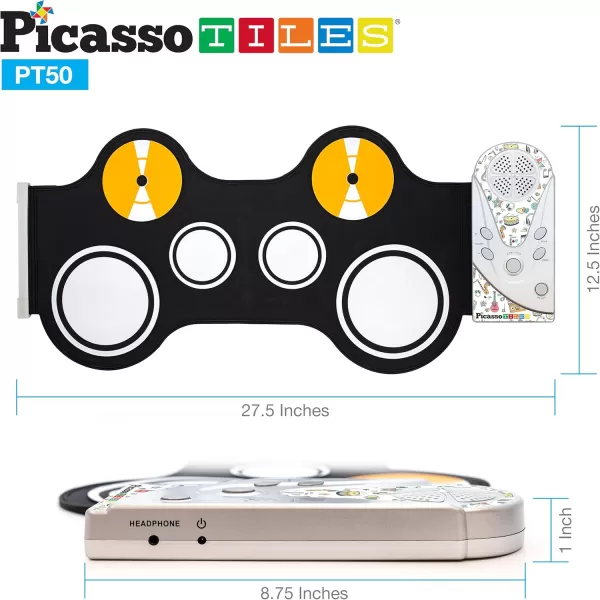 imagePicassoTiles PT49 Kids 49Key Flexible RollUp Educational Electronic Digital Music Piano Keyboard wRecording Feature 8 Different Tones 6 Educational Demo Songs ampamp Buildin Speaker  RainbowPT50BLUWHT