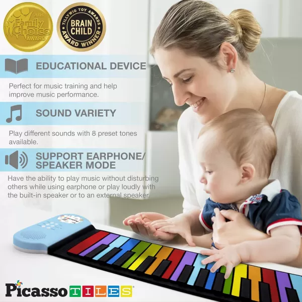 imagePicassoTiles PT49 Kids 49Key Flexible RollUp Educational Electronic Digital Music Piano Keyboard wRecording Feature 8 Different Tones 6 Educational Demo Songs ampamp Buildin Speaker  Rainbow49KeyColor