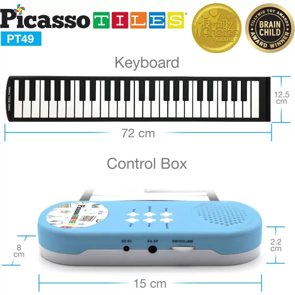 imagePicassoTiles PT49 Portable Kids 49Key Flexible Roll Up Educational Electronic Digital Music Piano Keyboard w Recording Feature 8 Different Tones 6 Educational Demo Songs ampamp Buildin Speaker  Blue