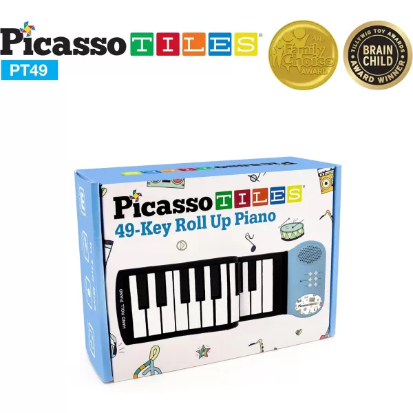 imagePicassoTiles PT49 Portable Kids 49Key Flexible Roll Up Educational Electronic Digital Music Piano Keyboard w Recording Feature 8 Different Tones 6 Educational Demo Songs ampamp Buildin Speaker  Blue