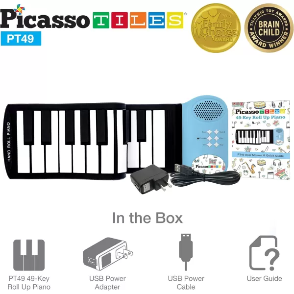 imagePicassoTiles PT49 Portable Kids 49Key Flexible Roll Up Educational Electronic Digital Music Piano Keyboard w Recording Feature 8 Different Tones 6 Educational Demo Songs ampamp Buildin Speaker  Blue