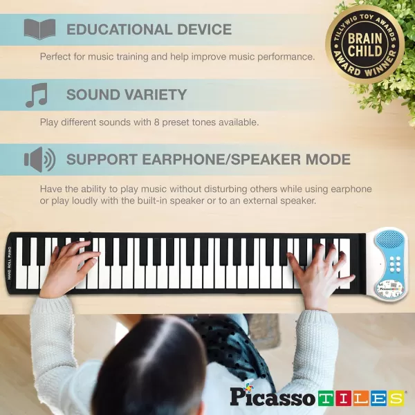 imagePicassoTiles PT49 Portable Kids 49Key Flexible Roll Up Educational Electronic Digital Music Piano Keyboard w Recording Feature 8 Different Tones 6 Educational Demo Songs ampamp Buildin Speaker  Blue