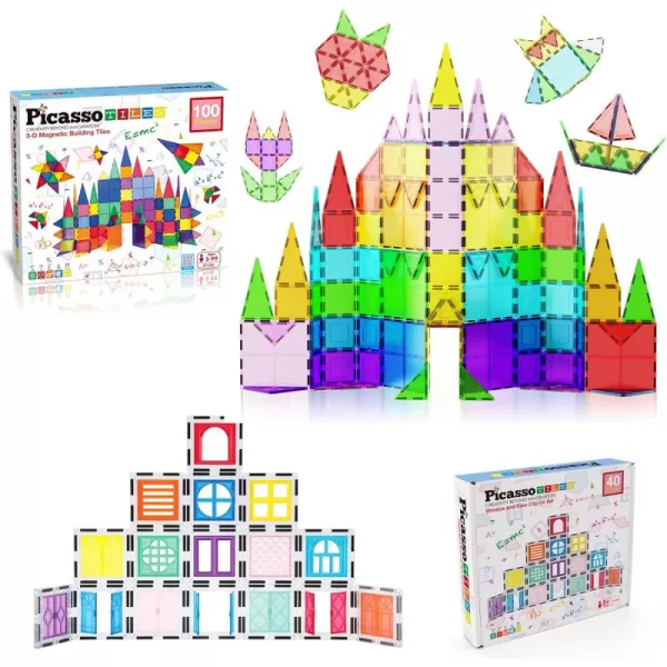 imagePicassoTiles 100PC Magnet Tiles  40PC Clipin Windows ampamp Doors Building Bundle STEAM Educational Playset for Creative Fun and Learning Construction Play Engineering Project Toy Gift Idea for Kids