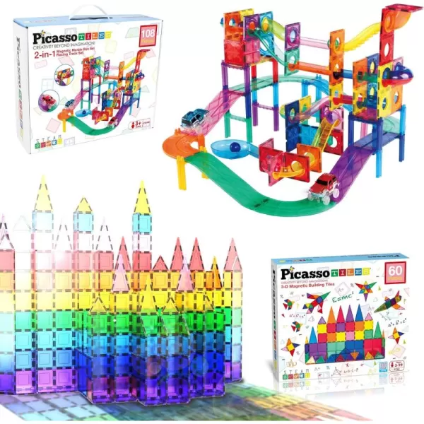 imagePicassoTiles 108PC Marble Run Magnetic Race Track  60PC Magnet Tiles STEAM Educational Playset for Creative Fun and Learning Construction Play Engineering Project Toy Gift Idea for Kids Ages 3