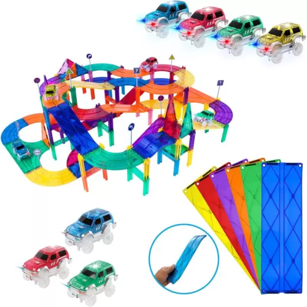 imagePicassoTiles 150PC Magnetic Race Car Track  3 LED Light Up Truck Cars  6PC Expansion Ramp Tiles Mega Bundle STEAM Learning Enhance Construction Skills HandEye Coordination and Fine Motor Skills