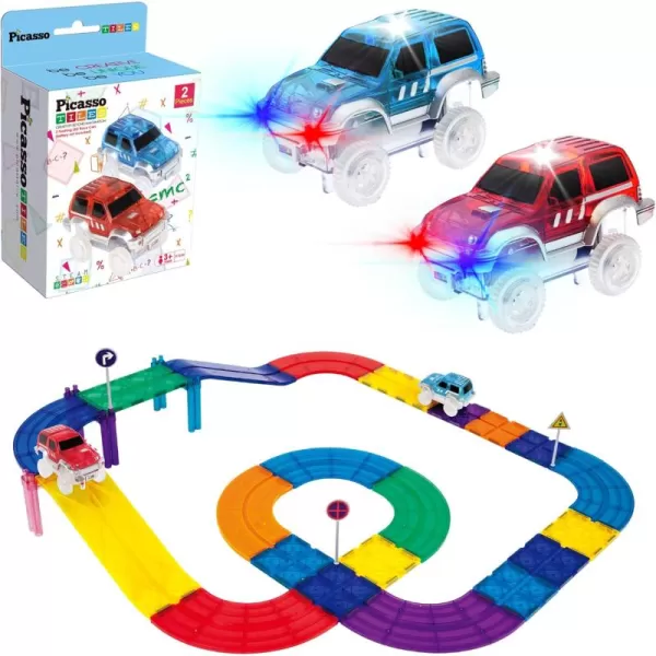 imagePicassoTiles 30PC Magnetic Race Car Track  2PC LED Light Up Truck Cars Fun ampamp Creative Playset STEAM Learning Enhance Construction Skills HandEye Coordination and Fine Motor Skills Toy Gift Idea