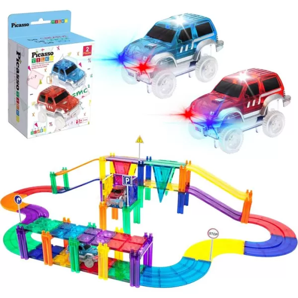imagePicassoTiles 50PC Magnetic Race Car Track  2PC LED Light Up Truck Cars Fun ampamp Creative Playset STEAM Learning Enhance Construction Skills HandEye Coordination and Fine Motor Skills Toy Gift Idea