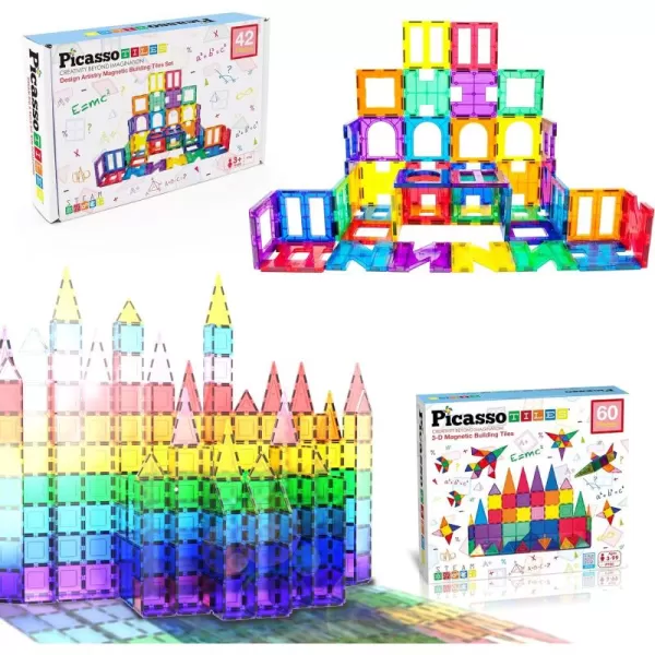 imagePicassoTiles 60PC Magnet Tiles  42PC Clipin Windows ampamp Doors Building Bundle STEAM Educational Playset for Creative Fun and Learning Construction Play Design Art Project Toy Gift Idea for Kids