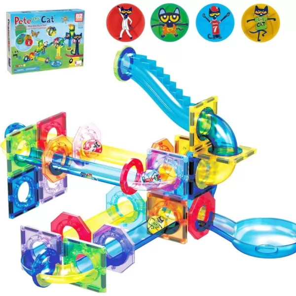 imagePicassoTiles 62 Piece Magnetic Marble Run Pete The Cat Marble Maze Marbles for Kids Race Track Toy Set Sensory Toys for Toddlers STEM Education Magnet Building Blocks Construction Tiles Boys Girls 3