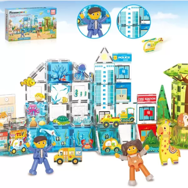 imagePicassoTiles 700 piece Marble Run Magnetic Tiles and Brick Combo Magnet Tile Building Blocks Construction Toddlers Toys Set with Storage Bin ampamp Ideabook Character Action Figures STEM Kids Ages 3 PB700150pc 3in1