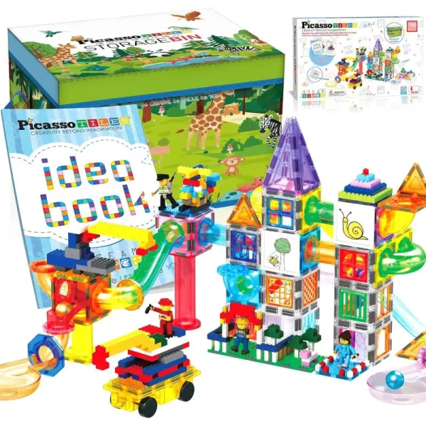 imagePicassoTiles 700 piece Marble Run Magnetic Tiles and Brick Combo Magnet Tile Building Blocks Construction Toddlers Toys Set with Storage Bin ampamp Ideabook Character Action Figures STEM Kids Ages 3 PB700700pc combo