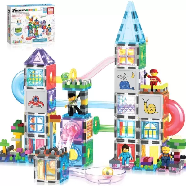 imagePicassoTiles 700 piece Marble Run Magnetic Tiles and Brick Combo Magnet Tile Building Blocks Construction Toddlers Toys Set with Storage Bin ampamp Ideabook Character Action Figures STEM Kids Ages 3 PB700650pc combo