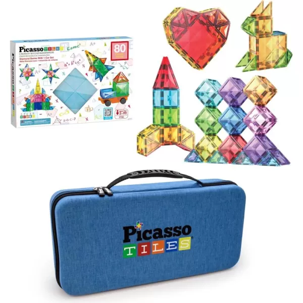 imagePicassoTiles 80PC Magnetic Diamond Tiles with Carry Case STEAM Educational Playset for Kids Includes Travel Storage Organizer  Fun Learning Construction Engineering and Sensory Development
