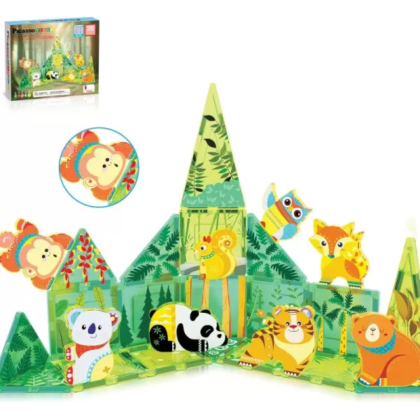 imagePicassoTiles Magnet Tile Building Blocks Forest Animal Themed Playset with 8 Character Action Figures Educational STEM Learning Construction Kit Pretend Play Magnetic Tiles Toddler Kids Ages 3 PTQ26Forest Animal Themed
