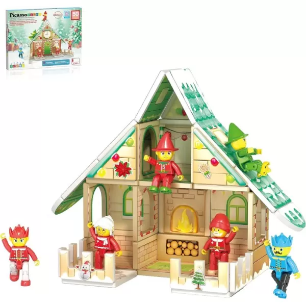 imagePicassoTiles Magnetic Tiles Christmas Cottage Holiday with 6 Character Action Figures Santa Mrs Clause Elves Nutcracker Theme Construction Set Magnet Building Blocks STEM Learning Gifts Toys PTQ08