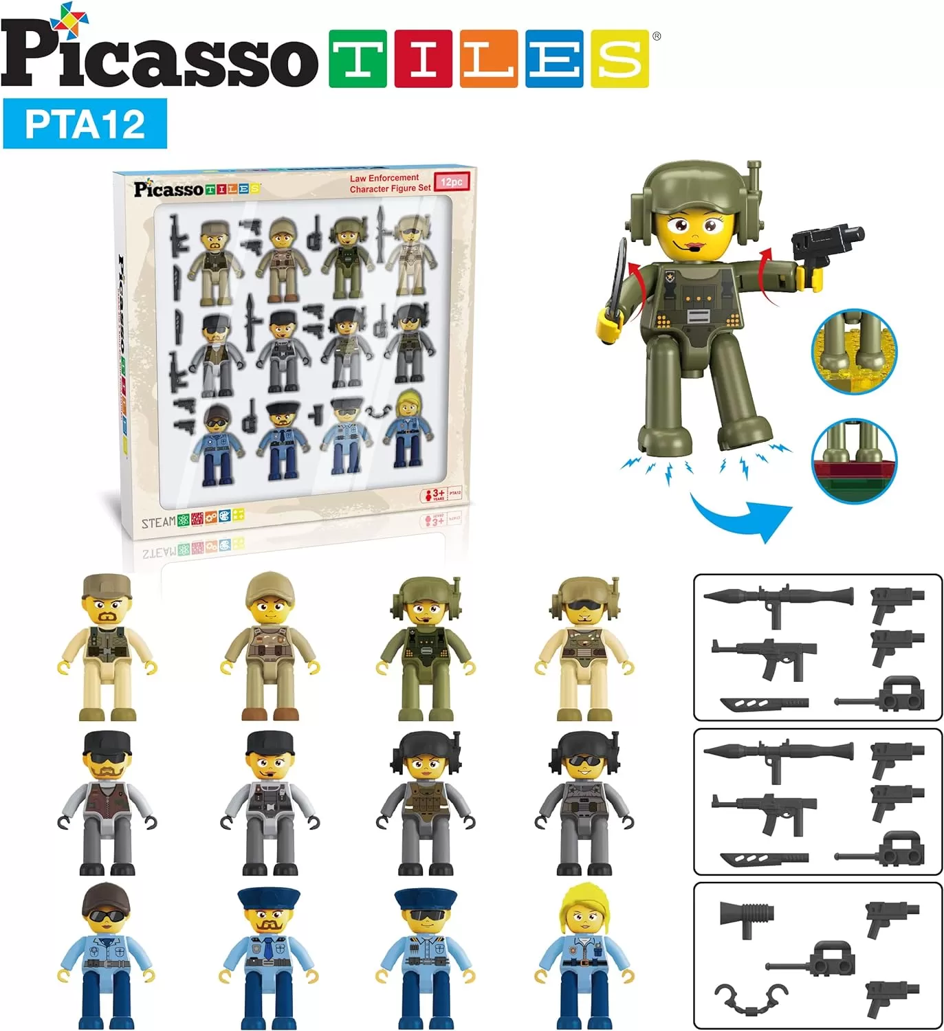 imagePicasso Toys Magnetic Action Figures Character Law Enforcement for Construction Building Block Tiles Toy Set Magnet Expansion Variety Pack Educational STEM Learning Kit Pretend Playset PTA12