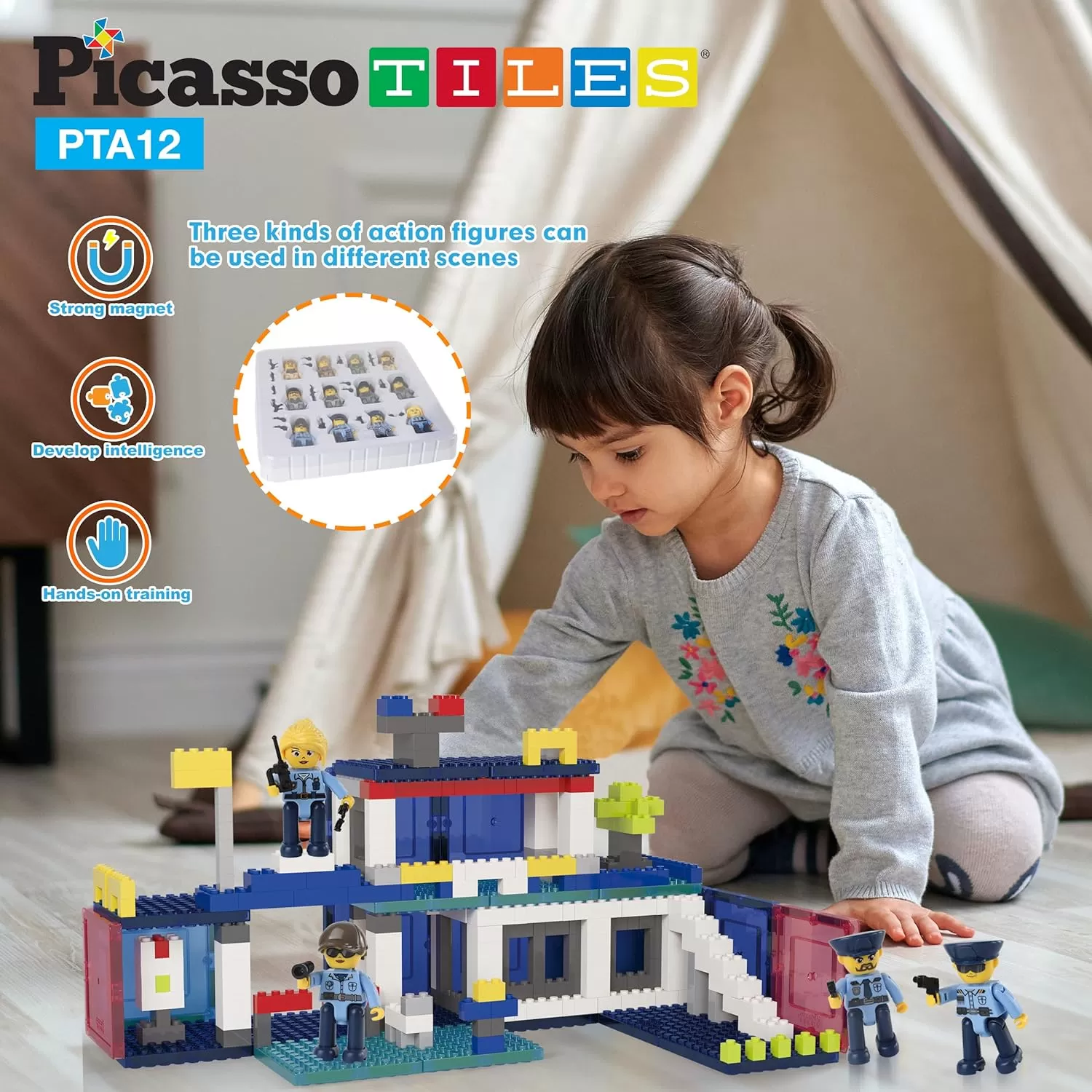 imagePicasso Toys Magnetic Action Figures Character Law Enforcement for Construction Building Block Tiles Toy Set Magnet Expansion Variety Pack Educational STEM Learning Kit Pretend Playset PTA12