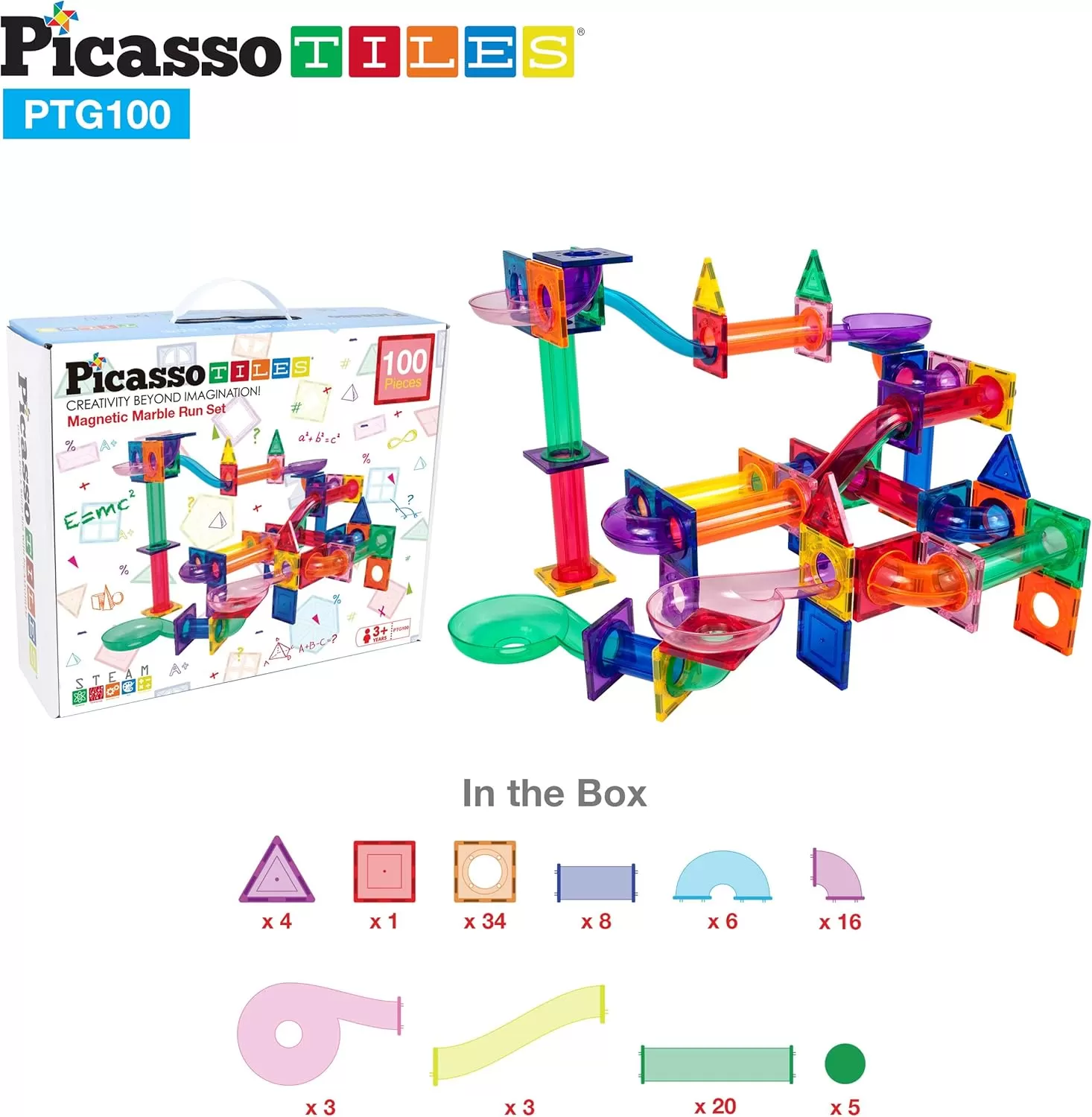 imagePicassoTiles 100PC Magnet Tiles  100PC Marble Run Race Track Fun ampamp Creative Playset Bundle STEAM Learning ampamp Educational Sensory Toy for Preschool ampamp Kindergarten Kids Ages 3 A Classroom Must Have