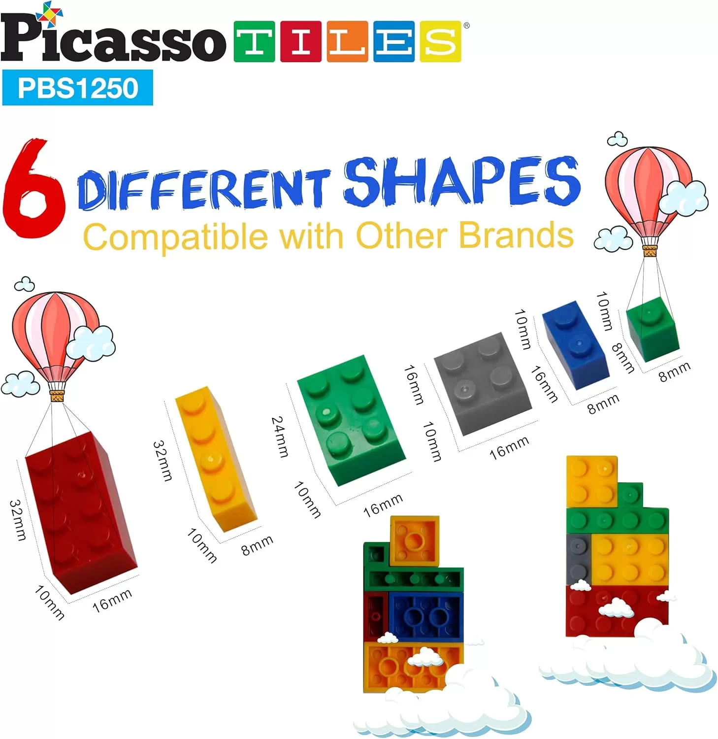 imagePicassoTiles 200 Piece Large Construction Brick Building Blocks STEM Bricks Toy Set Creative Learning Early Education Playset 5 Colors 4 Unique Shapes Mix ampamp Match Toys for Kids Boys Girls Child Age 3PBS1250