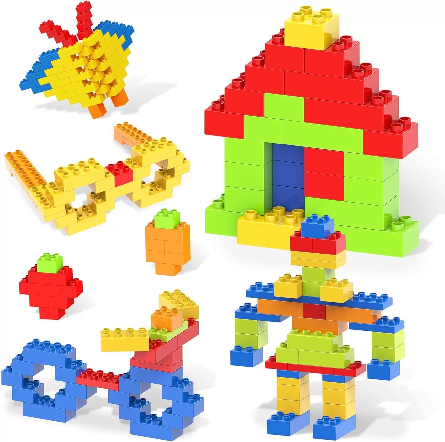 imagePicassoTiles 200 Piece Large Construction Brick Building Blocks STEM Bricks Toy Set Creative Learning Early Education Playset 5 Colors 4 Unique Shapes Mix ampamp Match Toys for Kids Boys Girls Child Age 3PBL150