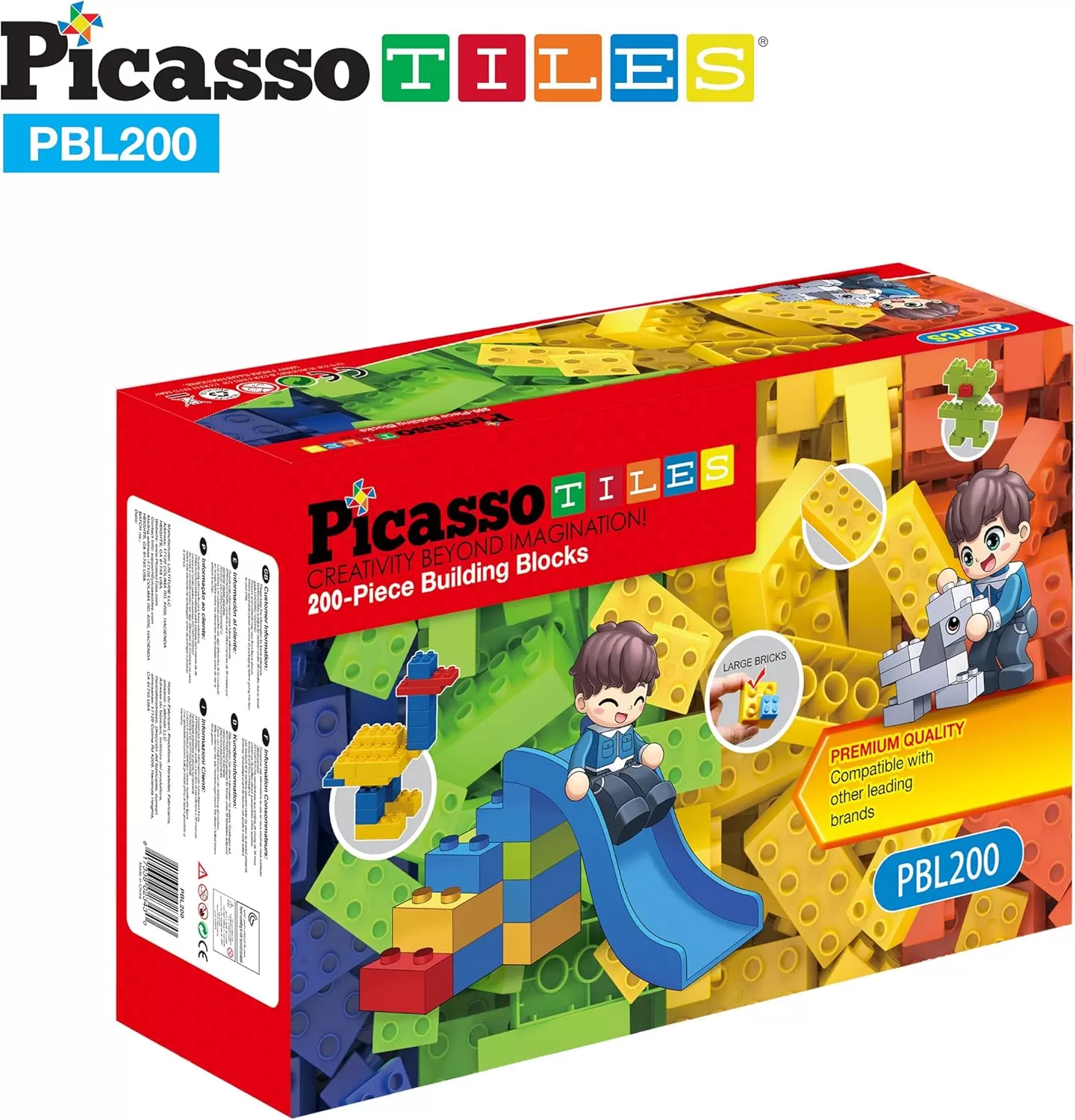 imagePicassoTiles 200 Piece Large Construction Brick Building Blocks STEM Bricks Toy Set Creative Learning Early Education Playset 5 Colors 4 Unique Shapes Mix ampamp Match Toys for Kids Boys Girls Child Age 3PBL200