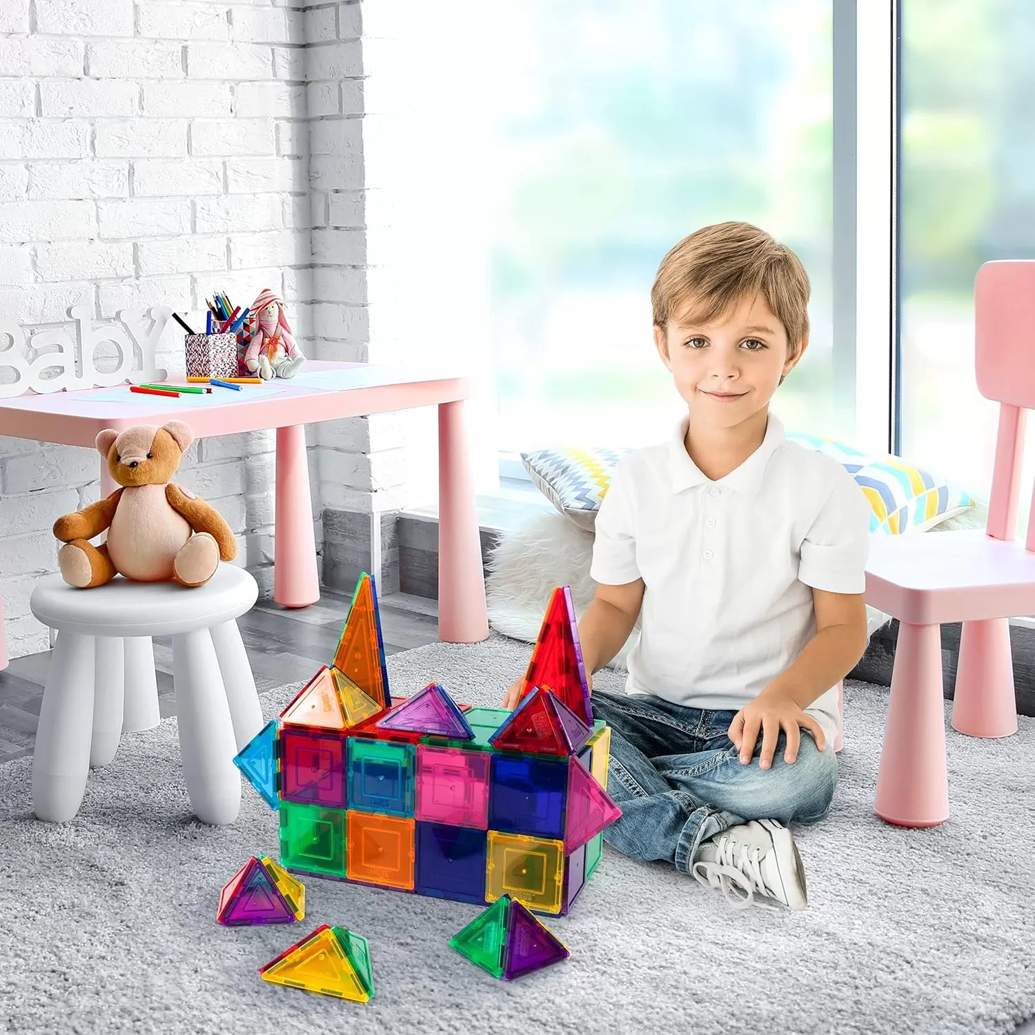 imagePicassoTiles 60PC Magnetic Tiles  Carry Case Bundle STEAM Educational Playset for Kids Includes Travel Storage Organizer  Fun Learning Construction Toy Engineering Design Sensory Development