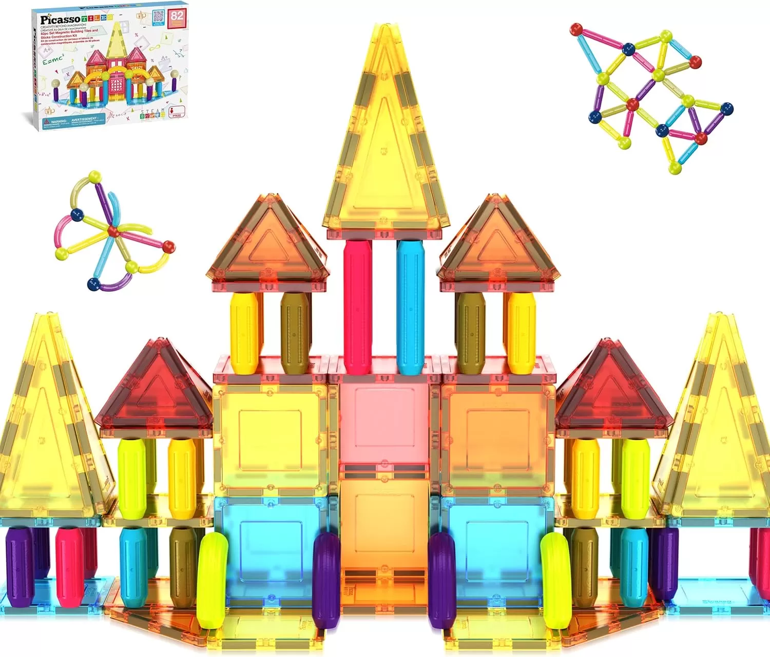 imagePicassoTiles 82 Piece Magnetic Sticks and Magnet Tiles Construction Building Block Toys for Toddlers STEM Learning Toy Magnets Balls and 3 Years Old for Boys Girls Kids Children Early Educational