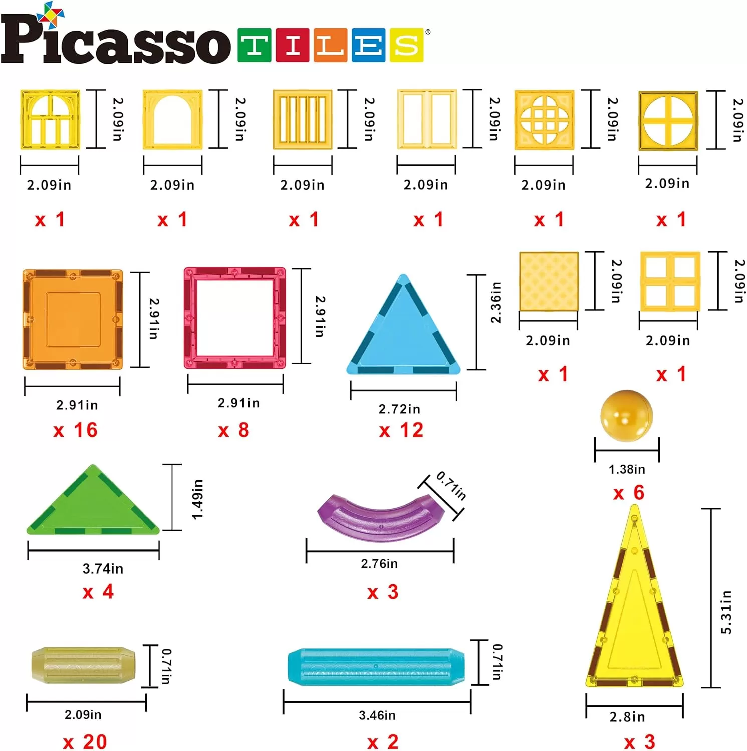 imagePicassoTiles 82 Piece Magnetic Sticks and Magnet Tiles Construction Building Block Toys for Toddlers STEM Learning Toy Magnets Balls and 3 Years Old for Boys Girls Kids Children Early Educational