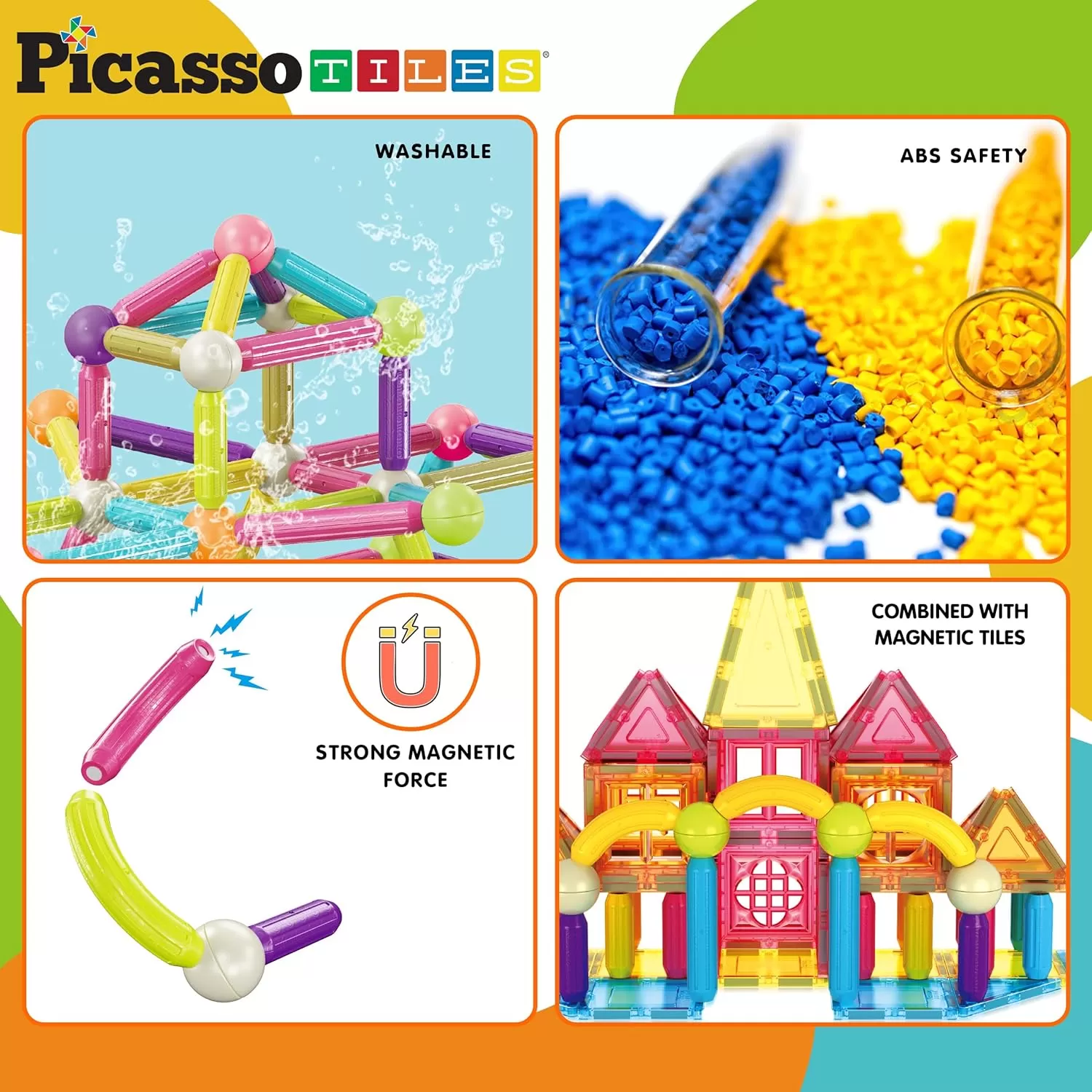 imagePicassoTiles 82 Piece Magnetic Sticks and Magnet Tiles Construction Building Block Toys for Toddlers STEM Learning Toy Magnets Balls and 3 Years Old for Boys Girls Kids Children Early Educational