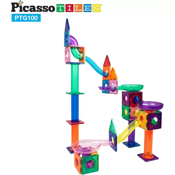 imagePicassoTiles 100PC Marble Run Race Track  4PC LED LightUp Glow in The Dark Translucent Balls STEAM Educational Playset for Kids  Fun Learning Construction Toy Creative Design Sensory Development