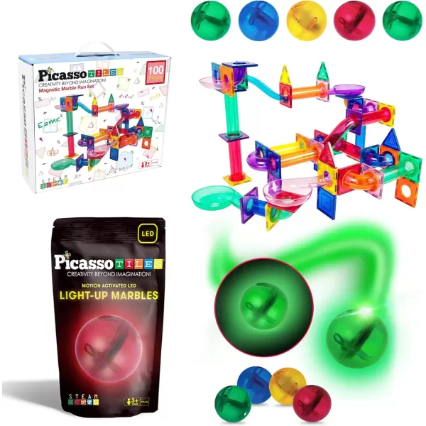 imagePicassoTiles 100PC Marble Run Race Track  4PC LED LightUp Glow in The Dark Translucent Balls STEAM Educational Playset for Kids  Fun Learning Construction Toy Creative Design Sensory Development
