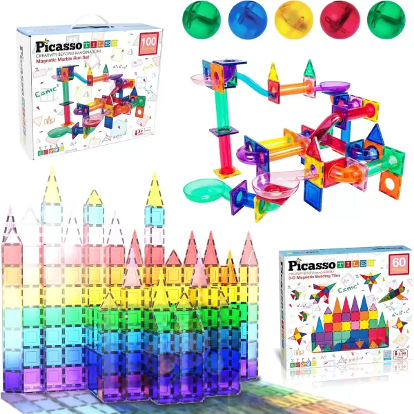 imagePicassoTiles 100PC Marble Run Race Track  60PC Magnet Tiles Fun ampamp Creative Playset Bundle STEAM Learning ampamp Educational Sensory Toy for Preschool ampamp Kindergarten Kids Ages 3 A Classroom Must Have