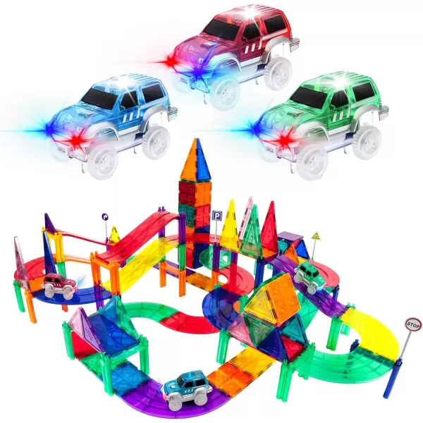 imagePicassoTiles 128PC Magnetic Race Car Track  3 LED Light Up Truck Cars  6PC Expansion Ramp Tiles Mega Bundle STEAM Learning Enhance Construction Skills HandEye Coordination and Fine Motor Skills