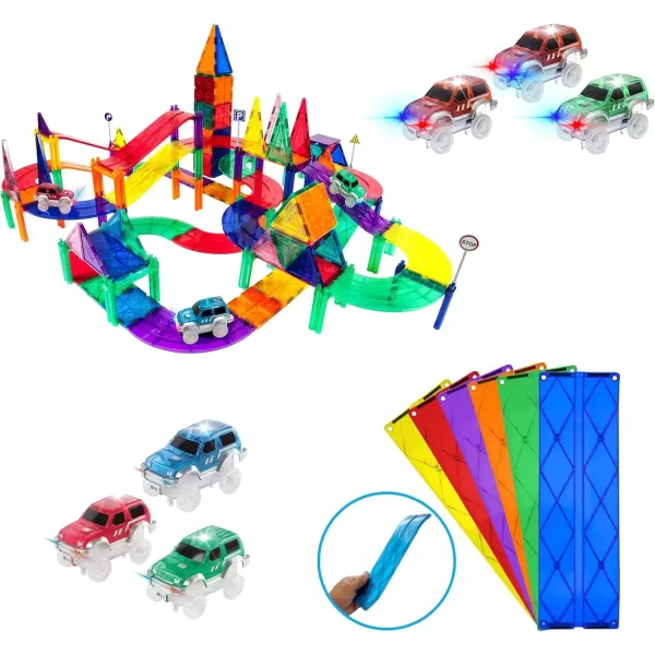 imagePicassoTiles 128PC Magnetic Race Car Track  3 LED Light Up Truck Cars  6PC Expansion Ramp Tiles Mega Bundle STEAM Learning Enhance Construction Skills HandEye Coordination and Fine Motor Skills