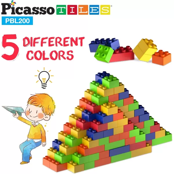 imagePicassoTiles 200 Piece Large Construction Brick Building Blocks STEM Bricks Toy Set Creative Learning Early Education Playset 5 Colors 4 Unique Shapes Mix ampamp Match Toys for Kids Boys Girls Child Age 3PBL200
