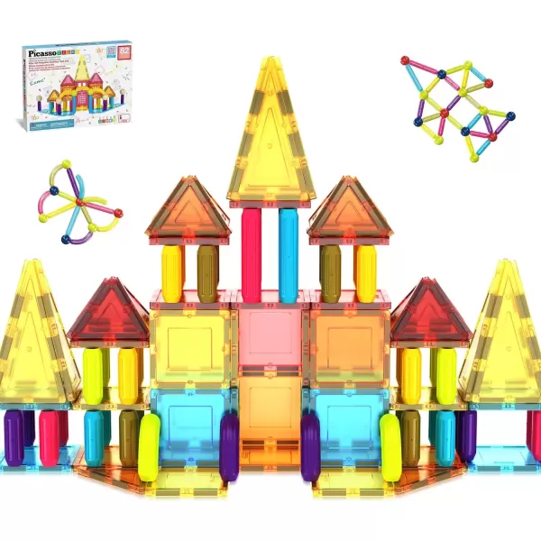 imagePicassoTiles 82 Piece Magnetic Sticks and Magnet Tiles Construction Building Block Toys for Toddlers STEM Learning Toy Magnets Balls and 3 Years Old for Boys Girls Kids Children Early Educational