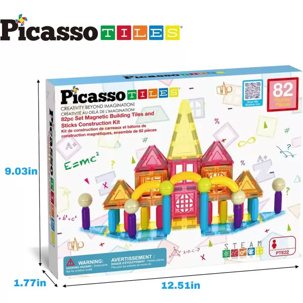 imagePicassoTiles 82 Piece Magnetic Sticks and Magnet Tiles Construction Building Block Toys for Toddlers STEM Learning Toy Magnets Balls and 3 Years Old for Boys Girls Kids Children Early Educational