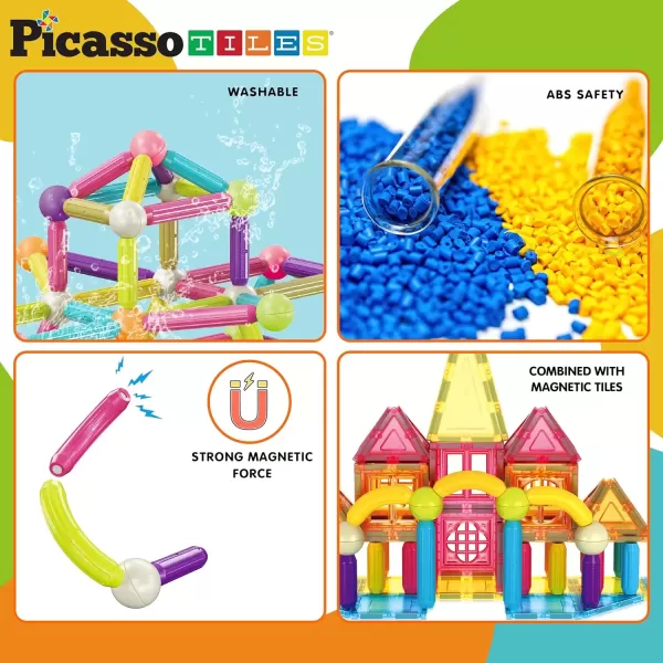 imagePicassoTiles 82 Piece Magnetic Sticks and Magnet Tiles Construction Building Block Toys for Toddlers STEM Learning Toy Magnets Balls and 3 Years Old for Boys Girls Kids Children Early Educational