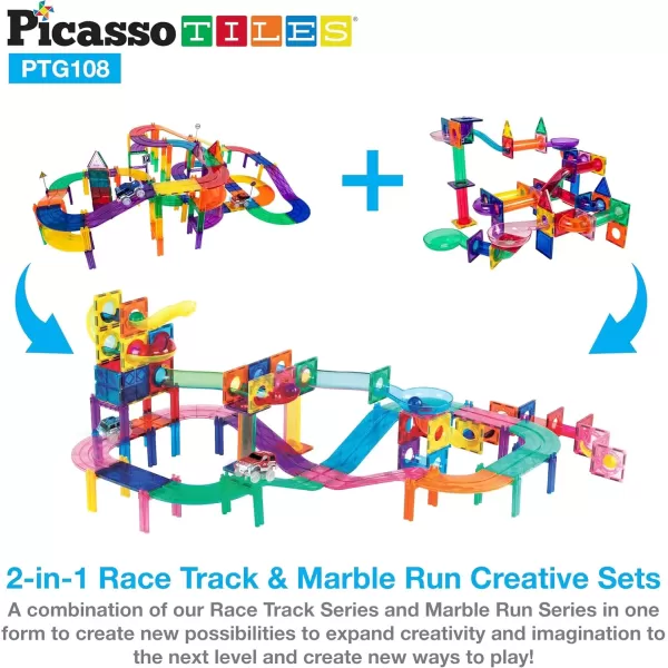 imagePicassoTiles Marble Run Car Race Track Combo  100pc Race Car Track 108pcs Magnetic Tile Toy Play Set STEM Building ampamp Learning Magnet Construction Brain Development Kit DIY Playset 2 LED Race Cars