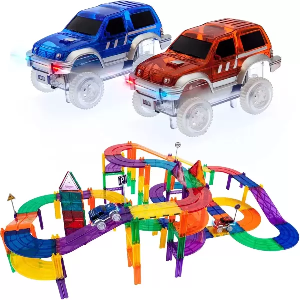 imagePicassoTiles Marble Run Car Race Track Combo  100pc Race Car Track 108pcs Magnetic Tile Toy Play Set STEM Building ampamp Learning Magnet Construction Brain Development Kit DIY Playset 2 LED Race Cars