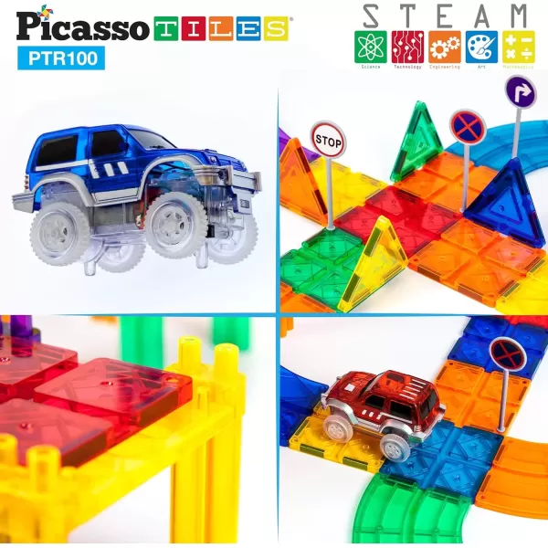imagePicassoTiles Marble Run Car Race Track Combo  100pc Race Car Track 108pcs Magnetic Tile Toy Play Set STEM Building ampamp Learning Magnet Construction Brain Development Kit DIY Playset 2 LED Race Cars
