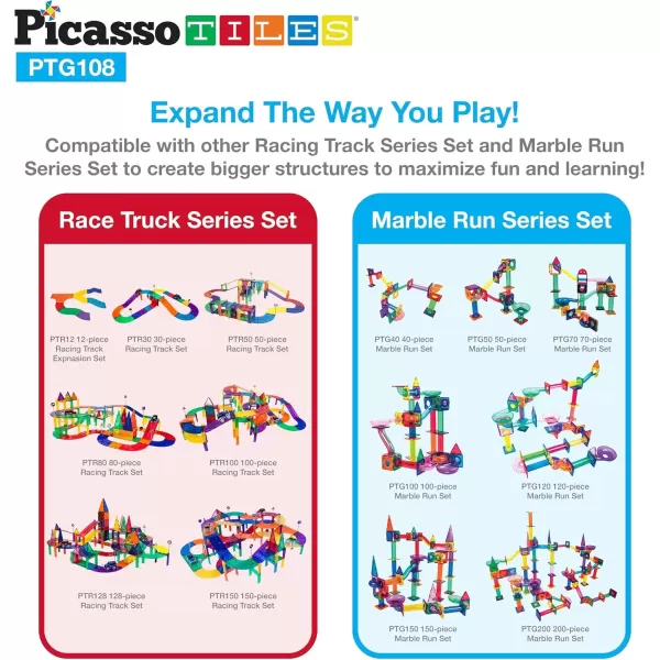 imagePicassoTiles Marble Run Car Race Track Combo  100pc Race Car Track 108pcs Magnetic Tile Toy Play Set STEM Building ampamp Learning Magnet Construction Brain Development Kit DIY Playset 2 LED Race Cars