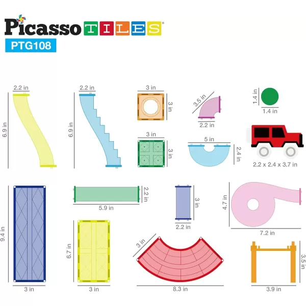 imagePicassoTiles Marble Run Car Race Track Combo  100pc Race Car Track 108pcs Magnetic Tile Toy Play Set STEM Building ampamp Learning Magnet Construction Brain Development Kit DIY Playset 2 LED Race Cars